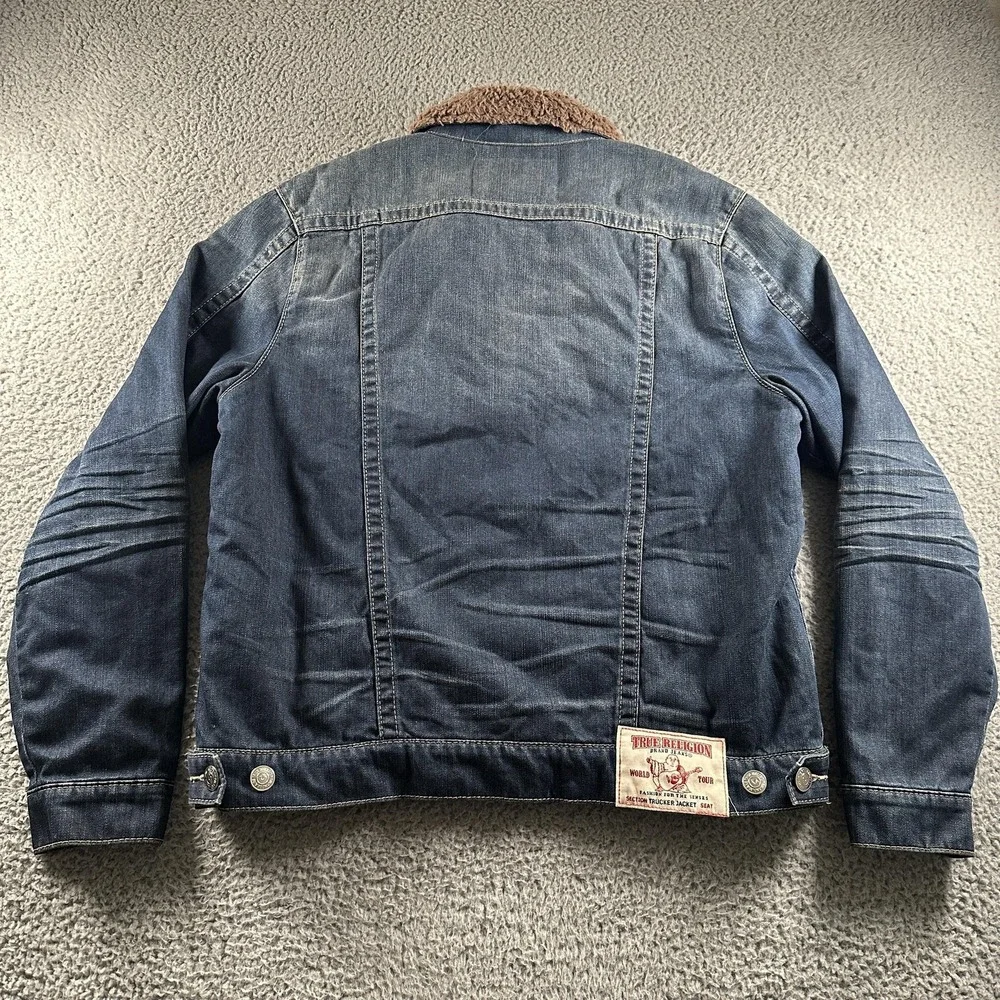 True Religion Section Trucker Jacket Mens XL Blue Sherpa Lined Denim Fleece